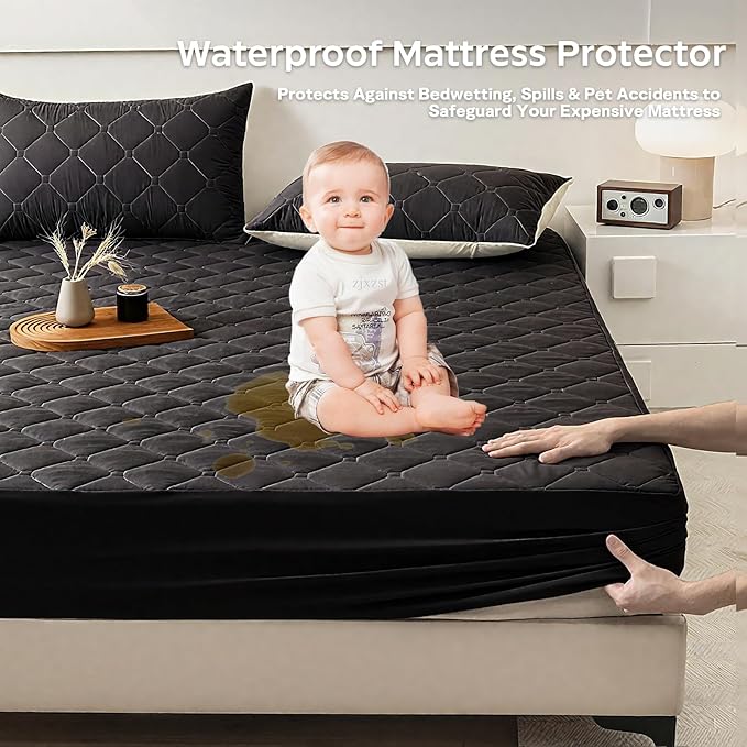 Twin Mattress Protector Waterproof, 18” Deep Pocket Fitted Mattress Topper+2pcs Pillow Cases - Leakproof, Oeko-TEX Certified, Breathable & Noiseless,Machine Washable (Black)