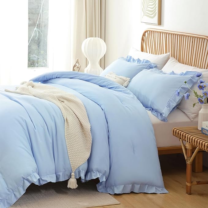 JANZAA Ruffle Light Blue Comforter Set Full Size Comforter 3PCS 1 Emerald Comforter and 2 Pillowcases Vintage Farmhouse Shabby Chic Bedding Soft Fluffy Comforter Set All Season (Light Blue, Full)