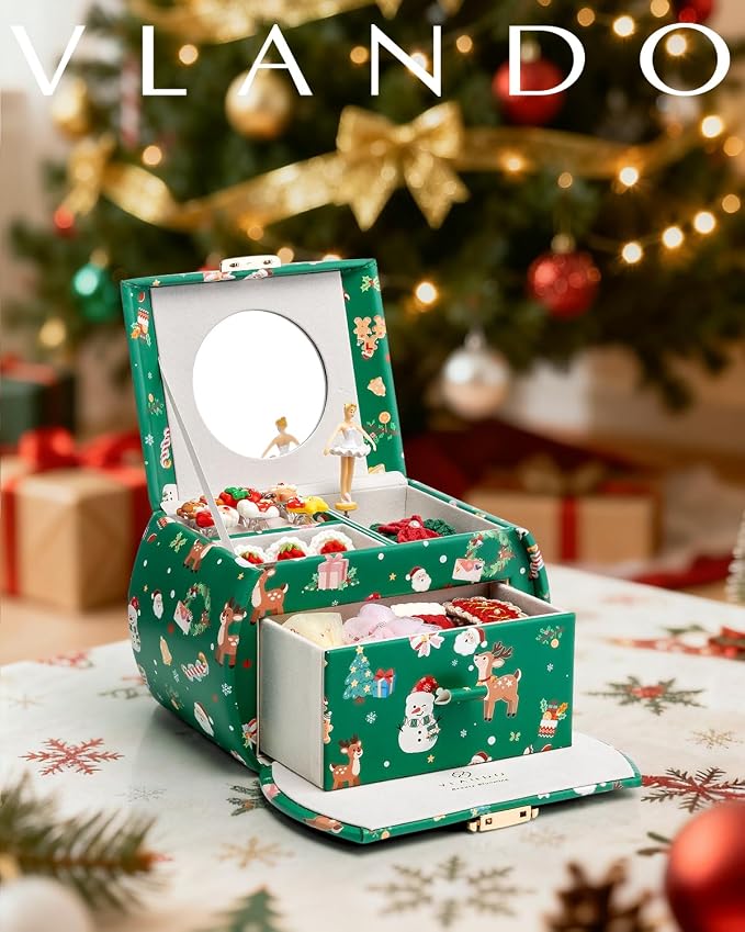 VLANDO Kids Musical Jewelry Box for Girls with Drawer, Music Box with Ballerina and Stickers for Birthday Bedroom Decor, Holidays Gifts for Girls Kids - Christmas Green - Image 6