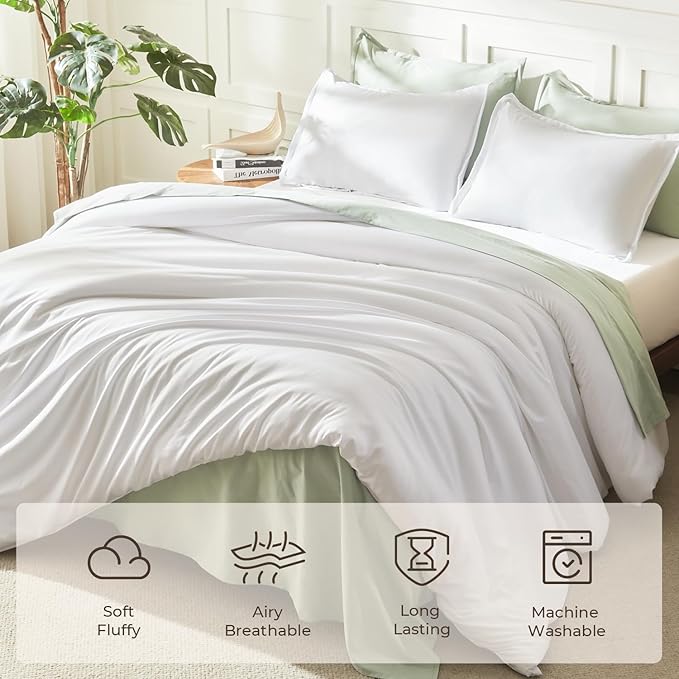 Litanika White Comforter Set Queen Size, 3 Pieces Lightweight Solid Bedding Comforter Set, All Season Fluffy Bed Set (90x90In Comforter & 2 Pillowcases)