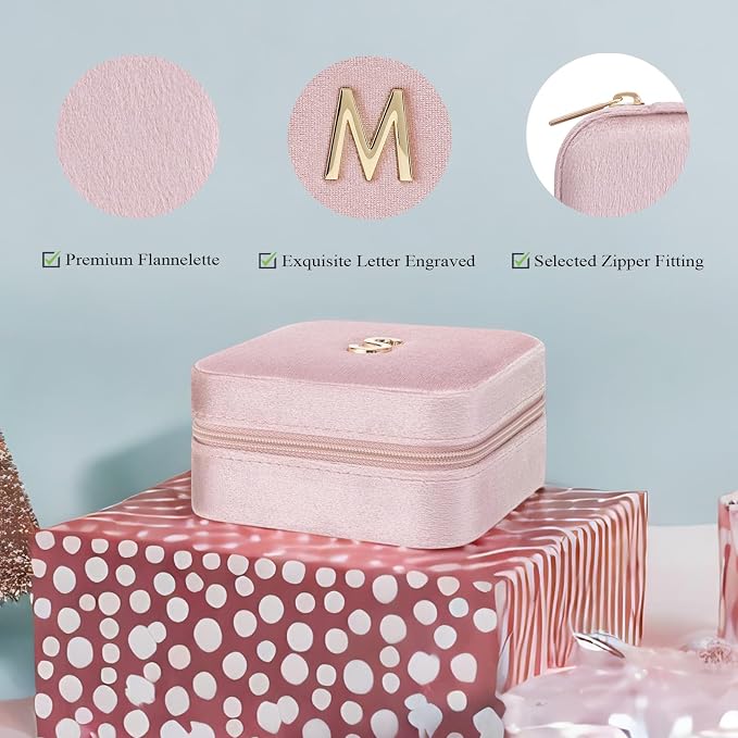 Vlando Small Travel Jewelry Box Organizer Display Case for Rings Earrings Necklaces Storage, Selected Soft Velvet, Letter M Engraved, Pink - Image 2