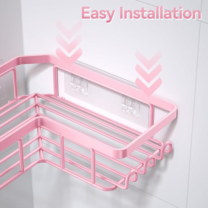 YASONIC Corner Adhesive Shower Caddy, with Soap Holder and 12 Hooks, Rustproof Stainless Steel Bathroom Organizer, No Drilling Wall Mounted Rack, Pink, 3-Pack - Image 6