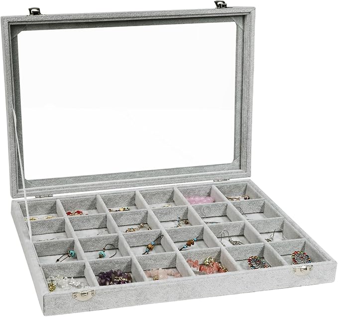 Stratalife Velvet Jewelry Organizer 24 Grid Jewelry Tray with Clear Glass Lid Display Showcase Storage Organizer Box for Earring Necklace Rings Dice Gray (24 Grids) by Stratalife