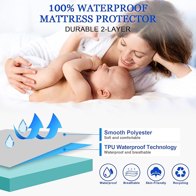 Sufdari Waterproof Mattress Protector, Mattress Cover Twin Size for Bed,18" Deep Pocket Fitted Sheet Style Mattress Protector with Elastic Rubber Band-Aqua,Twin