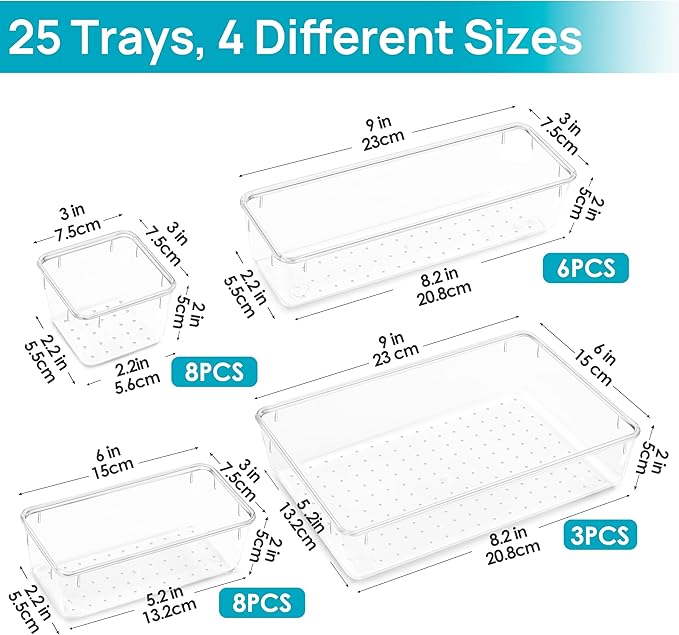 Vtopmart 25 PCS Clear Plastic Drawer Organizers Set, 4-Size Versatile Bathroom and Vanity Drawer Organizer Trays, Storage Bins for Makeup, Bedroom, Kitchen Gadgets Utensils and Office - Image 3