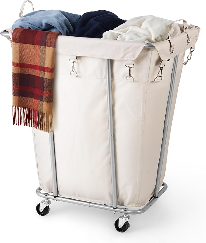 PLKOW Laundry Basket with Wheels 120L Heavy-Duty Laundry Cart with Removable Waterproof Bag, Metal Frame Clothes Basket with Lockable Casters for Home, Laundry Room, Hotel, Beige by PLKOW
