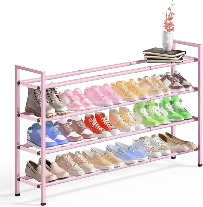 Bumusty 4-Tier Long Expandable Shoe Rack for Closet, 18"-44" Adjustable Shoe Rack for Entryway, 20-24Pairs Large Shoe Organizer Shelf Storage, Sturdy Metal, Black by BUMUSTY