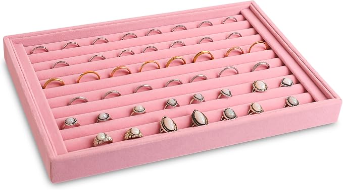 Frebeauty Stackable Velvet Jewelry Organizer Trays for Drawers Inserts Jewelry Storage Tray Display Case, Stud Earrings Bracelets Necklace Rings Accessories Trays for Women(Set of 4)(Pink) - Image 5