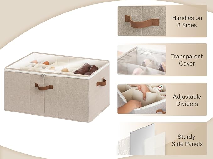 StorageWorks Shoe Organizer for Closet, Fits up to 24 Pairs, Shoe Cubby Storage Containers with Adjustable Dividers and Clear Cover, Taupe - Image 4