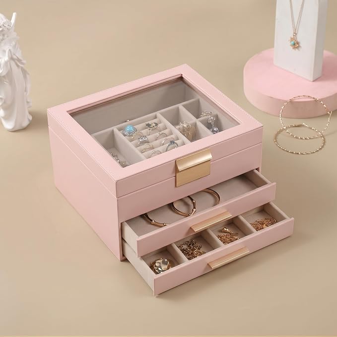 Somduy Jewelry Box Organizer for Women,3 Layers Jewelry Storage Display Box with Glass Lid,Gift for Christmas,3 Drawers,Large Capacity for Necklace Earrings Bracelets Rings,Pink - Image 2