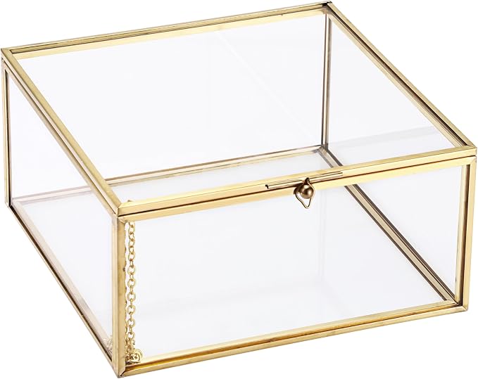 Hipiwe Vintage Glass Jewelry Organizer Box - Golden Metal Keepsake Box Desktop Jewelry Organizer Holder Wedding Birthday Gift Square Vanity Decorative Box for Dresser,6.3"x 6.3"x 3.35" by HomeDetails