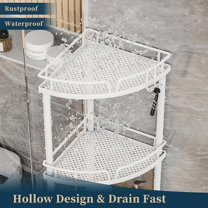 Consumest Corner Shower Caddy Standing - 3 Tier Shower Organizer with Soap Holder, Tall Floor Storage Rack with Adjustable Feet & 4 Hooks, Bathroom Corner Shelf, White - Image 5