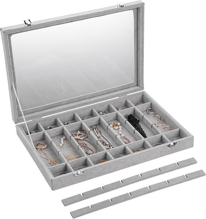 Frebeauty Velvet Jewelry Tray,35 Grid Jewelry Organizer with Clear Lid,Earring Holder Organizer Case with Clasp,Drawer Insert for Rings Studs,13.8 x 9.5 x 2 Inches,Gift for Women Girls(Grey) - Image 5