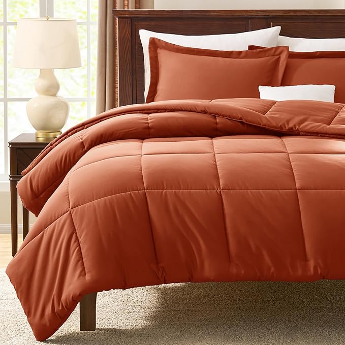 CozyLux Full Size Comforter Sets - Burnt Orange Comforter, 3 Pieces Terracotta Box Stitched Bed Set for All Seasons, Soft Bedding Sets with 1 Down Alternative Comforter and 2 Pillow Shams