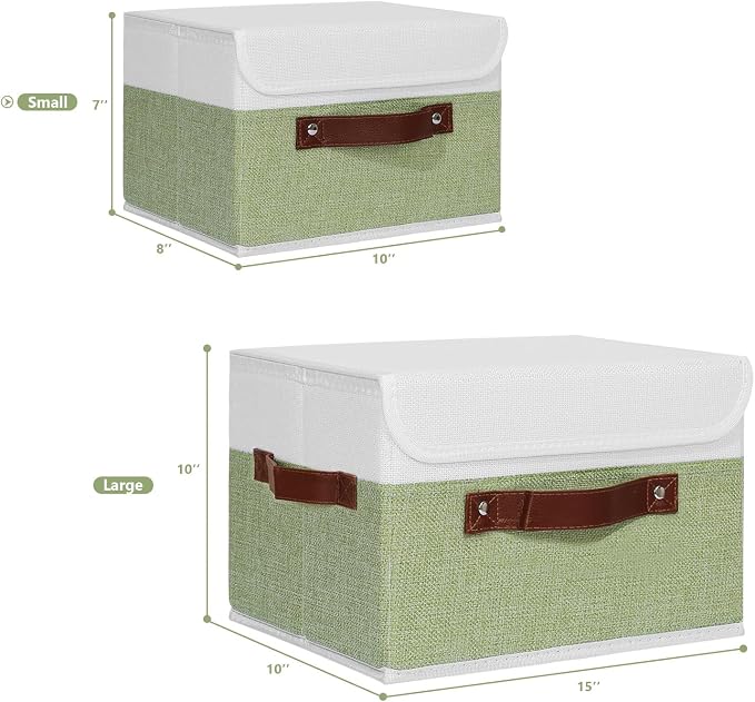 ANMINY Storage Boxes with Lids Washable Decorative Storage Bins Basket with PU Leather Handle Foldable Linen Fabric Storage Cubes Containers for Home Closet Organizer - Green White, Small Size - Image 5