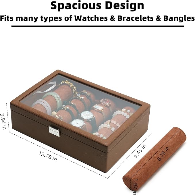 Bracelets Organizer Rods Bangles Display Holder, Clear See through Lid Leather Velvet Jewelry Storage Box Case for Women, 4 Rods Brown Leather - Image 2
