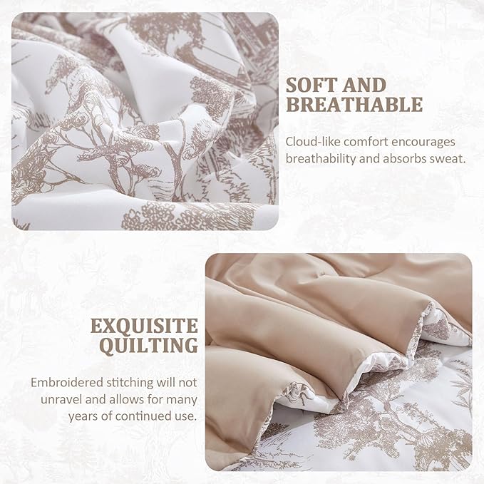 DJY Khaki Comforter Set Queen, 7 Pieces Bed in a Bag Queen Size Botanical Comforters with Sheets Elegant Plants Print Soft Microfiber Reversible Complete Bedding Sets for All Season
