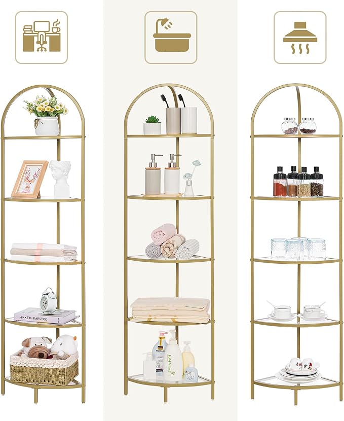 Homhedy 5-Tier Corner Shelf Stand, Metal Corner Bookshelf, Tempered Glass Shelves, Bathroom Storage Rack Shelf, Plant Stand, Modern Style, Golden - Image 3