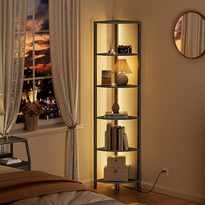 Furnulem 6 Tier Corner Shelf with LED Light, 67.5” Tall Standing Shelf Organizer, Black Narrow Bookshelf with Storage Rack for Wall Corner, Living Room, Bedroom, Metal Frame, Wood Display Shelf - Image 3