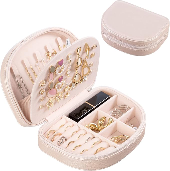 ProCase Travel Size Jewelry Box, Medium Portable Seashell-Shaped Jewelry Case, 2 Layer Jewelry Organizer in PU Leather for Women -Champagne by ProCase