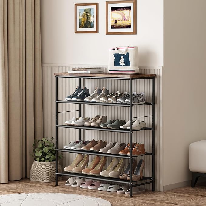 INGIORDAR Shoe Rack Organizer 5 Tier Metal Organizer Shelf with Industrial MDF Board and Layer Fabric for Entryway Closet Bedroom Living Room Garage,Black & Rustic Brown (Black+Rustic Brown, 5 Tier) - Image 4