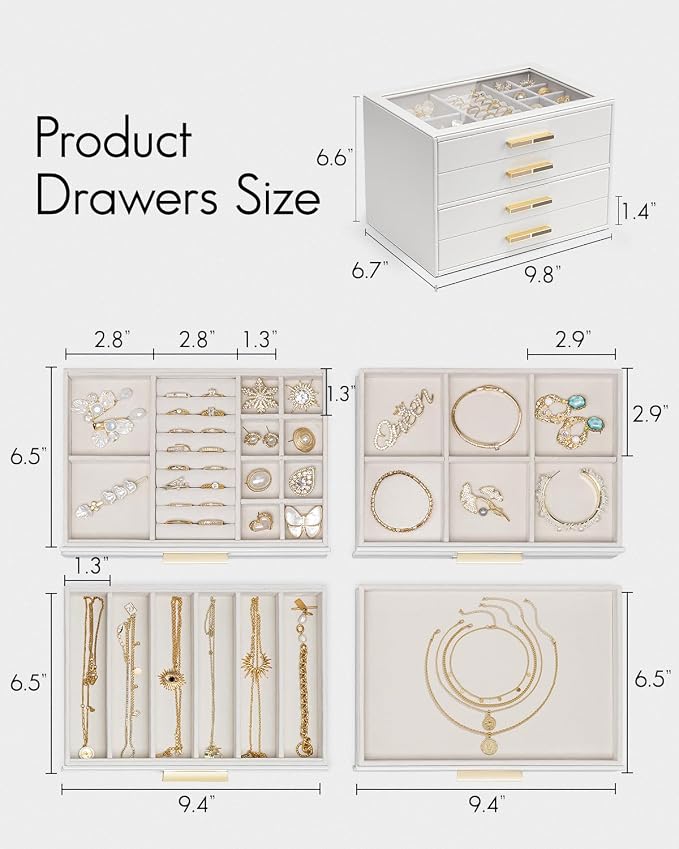 VLANDO Jewelry Box for Women, Glass Lid Jewelry Organizer with 4 Drawers for Necklaces Rings Earrings Bracelets Christmas Gift - White - Image 6