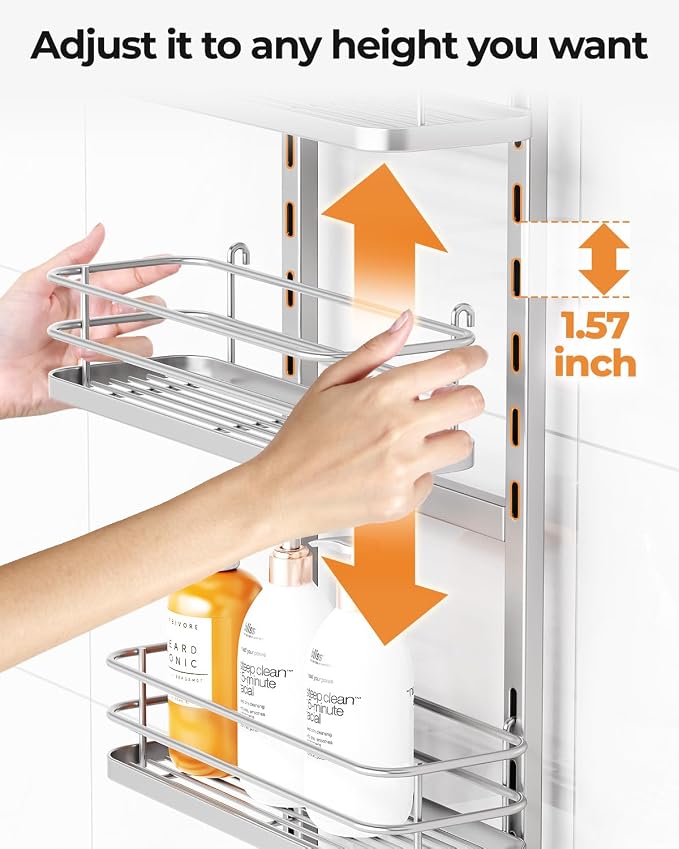ODesign 4 Tier Height-Adjustable Shower Caddy Hanging Anti-Swing-Over The Shower Head Caddy- Storage Organizer Bathroom Shelves Basket Caddies-Silver - Image 6