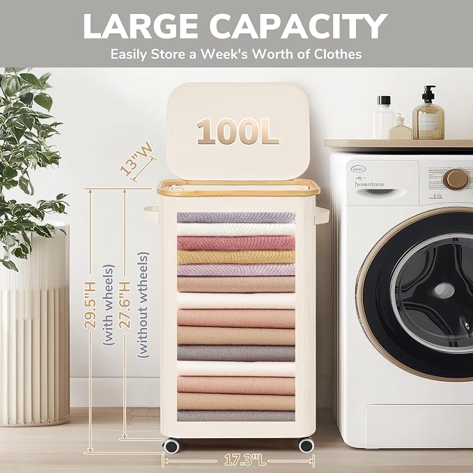 Goodpick Laundry Basket with Wheels, Large Laundry Hamper with Lid 100L Clothes Hamper with Removable Laundry Bag Collapsible Dirty Clothes Basket for Laundry Room, Bedroom, Beige - Image 3