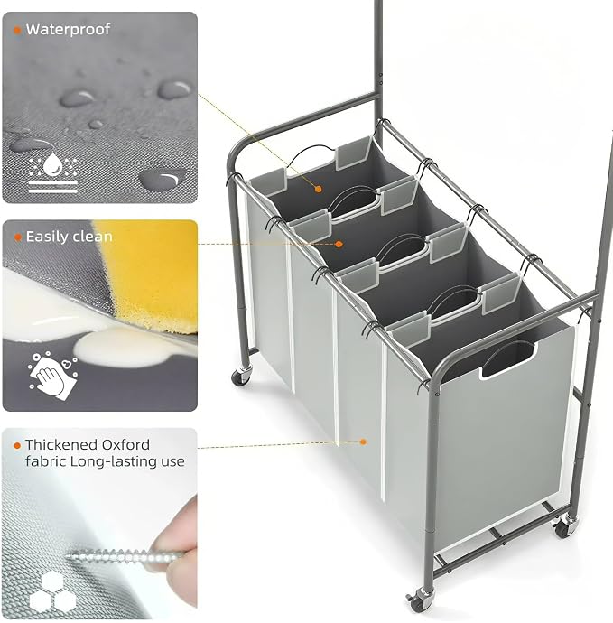 ROMOON Laundry Hamper Sorter Cart: 4 Section Organizer with Hanging Bar and Heavy-duty Lockable Wheels | 180L Rolling Laundry Basket with Clothes Rack in Laundry Room or Small Spaces (Grey) - Image 2