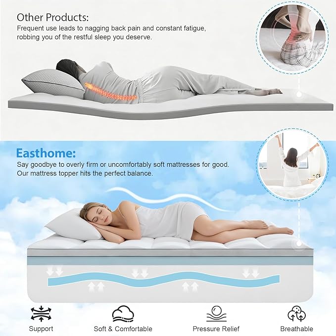 Twin XL Size Dual Layer 4 Inch Memory Foam Mattress Topper, 2 Inch Gel Memory Foam and 2 Inch Pillow Top Mattress Pad Cover, Thick Soft Bed Topper Medium Support for Back Pain, White