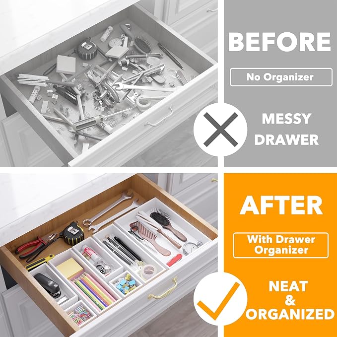 SpaceAid 7-Piece Bamboo Drawer Organizer Storage Boxes Set, Wood Tray Junk Drawer Organizers Multi-Use Divider Bins for Kitchen, Bathroom, Office Desk and Makeup Organization (7 Pack, White) - Image 2