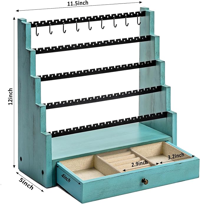 Pinzoveco Earring Organizer, 5 Layer Earring Holder Organizer with Necklace Holder Pole, Rustic Wood Jewelry Organizer Stand Display for Stud Earring Bracelet Necklace Ring, 175 Earring Holes - Image 7