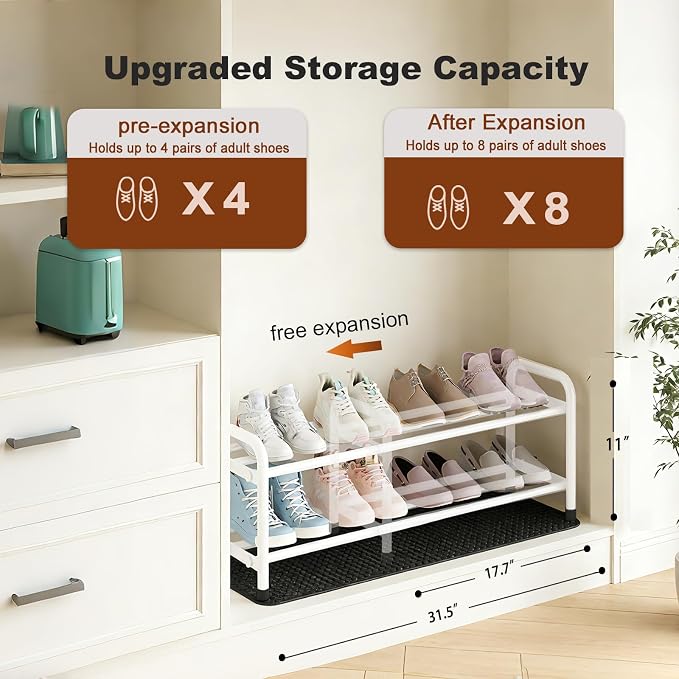 KANAV 2-Tier Expandable Shoe Rack, Heavy Duty Adjustable Metal Shoe Organizer for Closet & Entryway, Freestanding, Tool-Free Assembly, White - Image 3