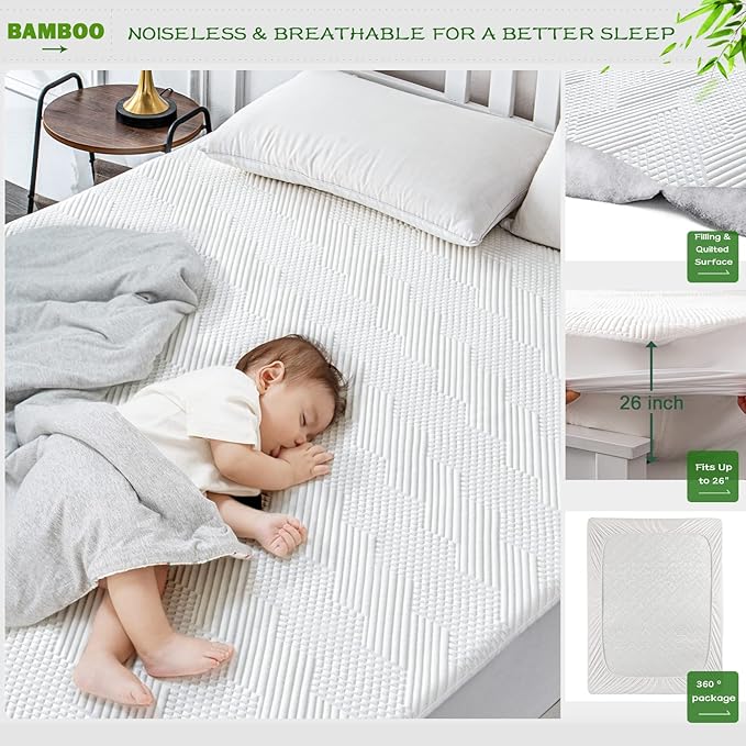 GRT Queen Waterproof Mattress Protector Rayon Bamboo - 3D Air Fiber Cooling Mattress Cover Breathable Ultra Soft, Mattress Pad Noiseless Fits up to 26'' Deep Pocket Washable
