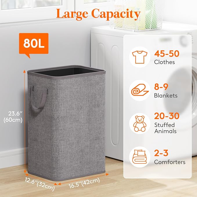 Lifewit 80L Large Tall Laundry Hamper, Collapsible Laundry Basket with Handles, Foldable Clothes Hampers for Laundry, Portable Dirty Clothes Hamper for Dorm College Bedroom Bathroom, Light Gray - Image 2