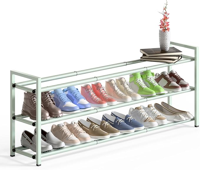 Bumusty 3-Tier Long Expandable Shoe Rack for Closet, 18"-44" Adjustable Shoe Rack for Entryway, 15-18 Pairs Large Shoe Organizer Shelf Storage, Sturdy Metal, Green by BUMUSTY