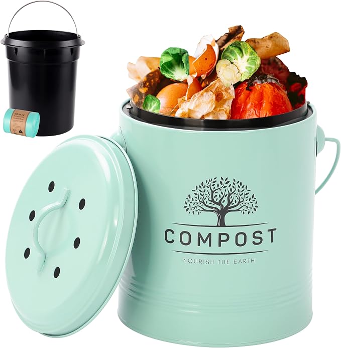 Perfnique Kitchen Compost Bin, 1.3 Gallon Countertop Compost Bin with Lid, Indoor Compost Bucket Includes Inner Bucket Liner and Carbon Filter, Small Compost Bin with Trash Bags (with Bags, Mint) by PERFNIQUE