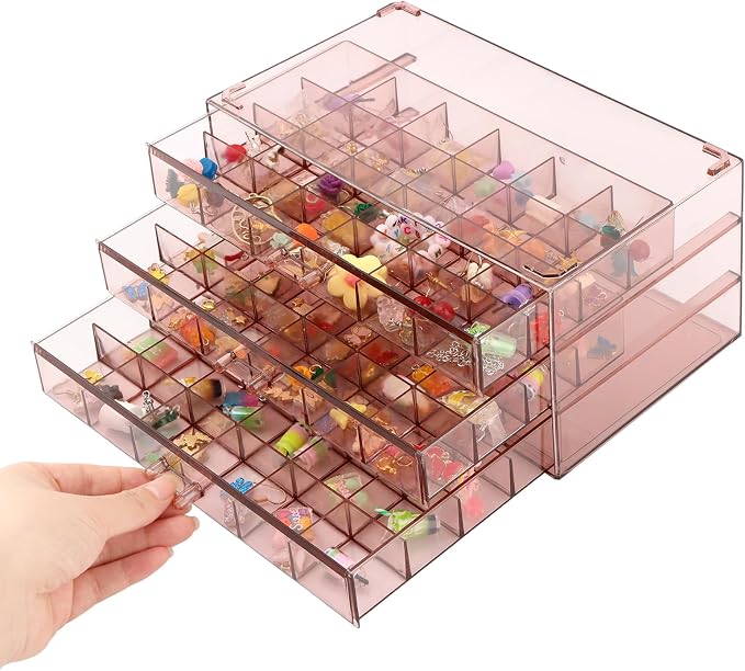 Jewelry Organizer, Earring Holder Organizer Box with 3 Layers, 72 Grids Earring Case, Craft Storage Containers for Nail Charms, Ring, Earrings(Tan) - Image 3