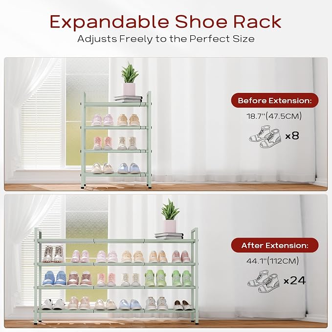Bumusty 4-Tier Long Expandable Shoe Rack for Closet, 18"-44" Adjustable Shoe Rack for Entryway, 20-24 Pairs Large Shoe Organizer Shelf Storage, Sturdy Metal, Green - Image 4