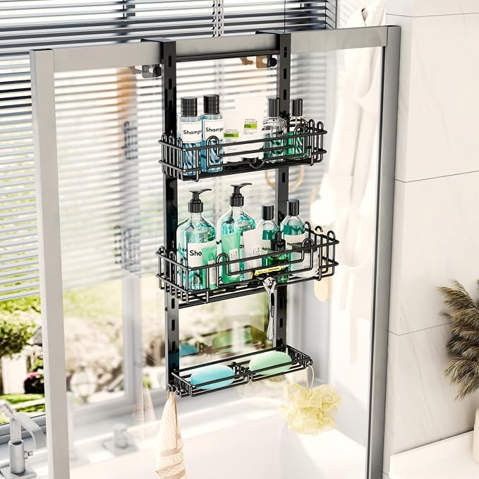 HapiRm 3 Tier Over the Door Shower Caddy, Hanging Shower Caddy with 16 Hooks and 2 Soap Holders, No Drilling Adjustable Hanging Bathroom Organizer - Black - Image 7