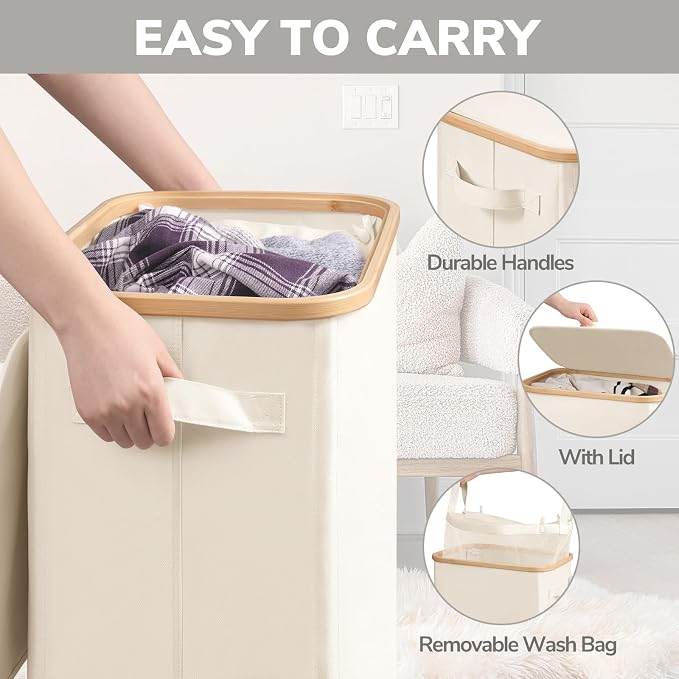 Goodpick Laundry Basket with Wheels, Large Laundry Hamper with Lid 100L Clothes Hamper with Removable Laundry Bag Collapsible Dirty Clothes Basket for Laundry Room, Bedroom, Beige - Image 5