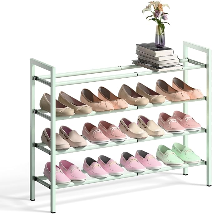 Bumusty 4-Tier Expandable Shoe Rack for Closet, 18“-33” Adjustable Shoe Rack for Small Space, Small Shoe Organizer for Front Door, Sturdy Metal, Green by BUMUSTY