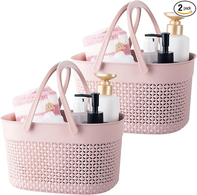 rejomiik 2 Pack Plastic Shower Caddy Basket, Portable Organizer Storage Tote with Handles Toiletry Bag Bin Box for Bathroom, College Dorm Room Essentials, Kitchen, Camp, Gym, Pink by rejomiik