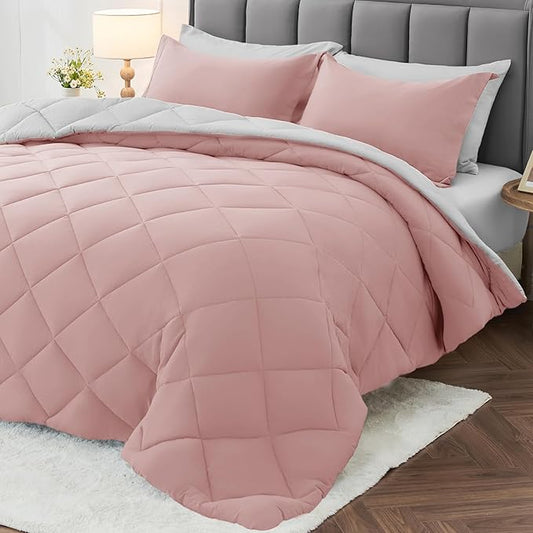 MUXHOMO 7 Pieces Queen Comforter Set, Reversible Bed in a Bag Queen Size, All Season Bedding Set with Comforter, Flat Sheet, Fitted Sheet, Pillowcases & Shams, Pink & Light Grey