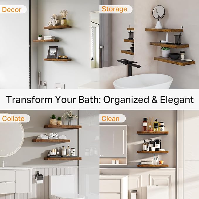 BAYKA Bathroom Floating Shelves for Wall Set of 3 - Rustic Brown Farmhouse Wood Shelves Over Toilet for Bedroom, Kitchen, or Living Room Decor Display, Storage for Plants, Toilet Paper or Bath Towels - Image 8