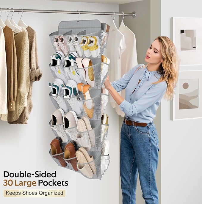 MISSLO 30 Large Pockets Dual Sided Hanging Shoe Organizer for Closet with Rotating Hanger Hanging Shoe Shelves, Grey - Image 2