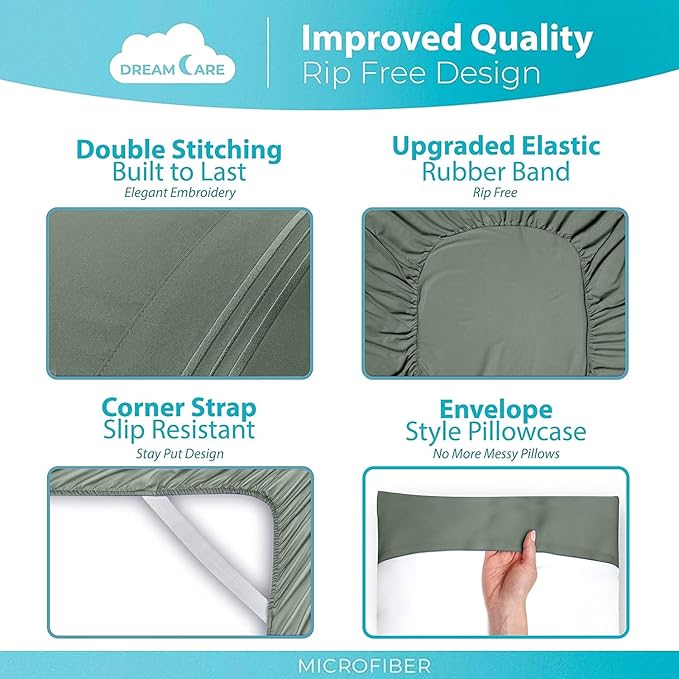 DREAMCARE Full Size Sheets - 6 pcs Breathable Cooling Bed Sheets - up to 15" Deep Pocket Full Size Bed Sheets wth Side Pockets - Extra Soft 100% Brushed Hypoallergenic Hotel Luxury Bedding -Sage Green