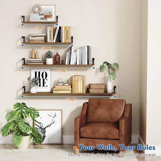 Harwaya Floating Book Shelves for Wall Set of 3, 17 x 8 Inch Deep Wooden Wall Bookshelf for Bedroom Office, Rustic Wood Hanging Wall Shelves for Living Room Kitchen (Dark Brown) - Image 5