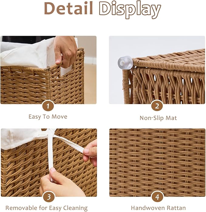 Slim Wicker Laundry Hamper with Lid, 75L Handwoven Rattan Basket with Handles, Narrow Laundry Basket with Removable Liner Bag & 2 Mesh Bags - Image 7