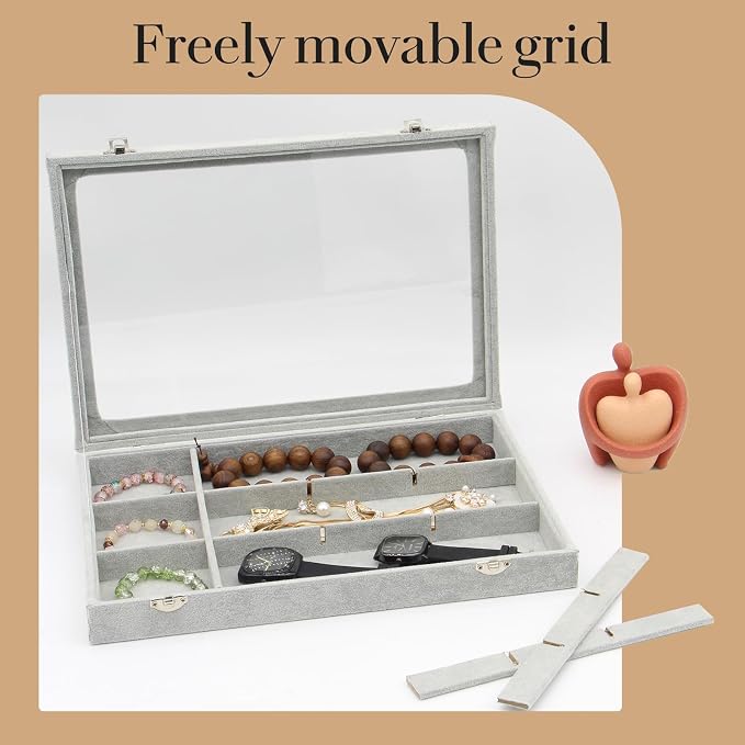 KOOAAICCHI Jewelry Organizer Bracelet Organizer Storage Box 12 Grid Stackable Jewelry Tray with Lid Velvet Jewelry Box Case Organizer for Home Drawer Desk or Store Selling Show(Velvet Grey) - Image 4
